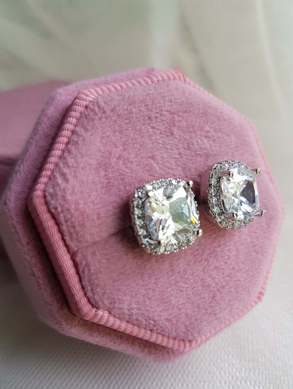 Swarovski Elements 925 Sterling Silver Clear Cushion Halo Solitaire Earrings NEW